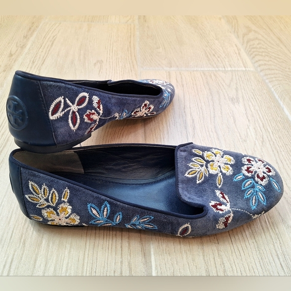 Tory Burch Blue Leather Floral Embroidered Smoking Loafers Slippers - Size 7.5 - Picture 2 of 9